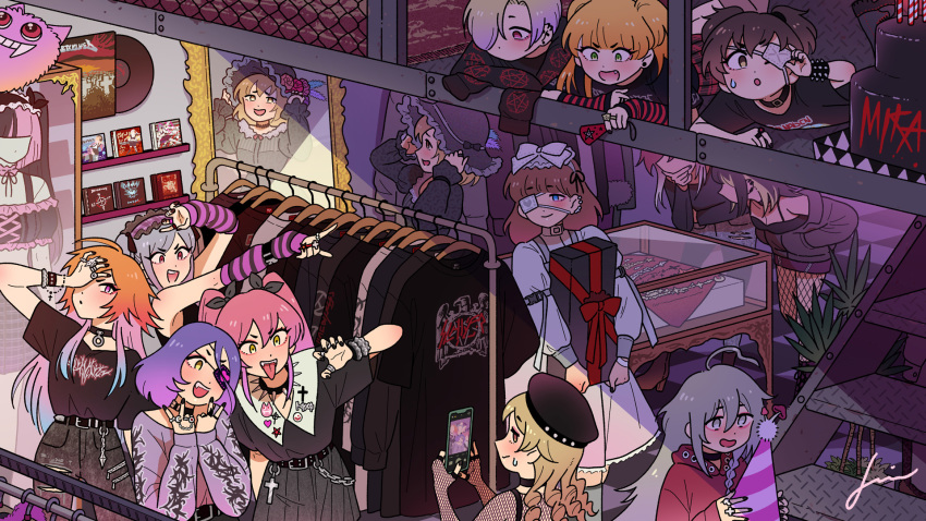 6+girls, akagi_miria, aketa_mikoto, birthday_cake, box, bracelet, cake, cd_case, cellphone, checkered_floor, clothes_hanger, display_case, double_v, eyepatch, faceless, faceless_female, food, gift, gift_box, gothic_lolita, happy_birthday, hat, hayasaka_mirei, highres, holding, holding_phone, hoshi_syoko, idolmaster, idolmaster_cinderella_girls, idolmaster_shiny_colors, ikaruga_luca, jennie_congee, jewelry, jougasaki_mika, jougasaki_rika, kanzaki_ranko, kita_hinako, lolita_fashion, mannequin, mirror, morikubo_nono, multiple_girls, nail_polish, ninomiya_asuka, party_hat, paw_pose, phone, reflection, ring, sakuma_mayu, shirasaka_koume, shop, sweatdrop, sweet_lolita, taking_picture, tongue, tongue_out, v, vinyl_record