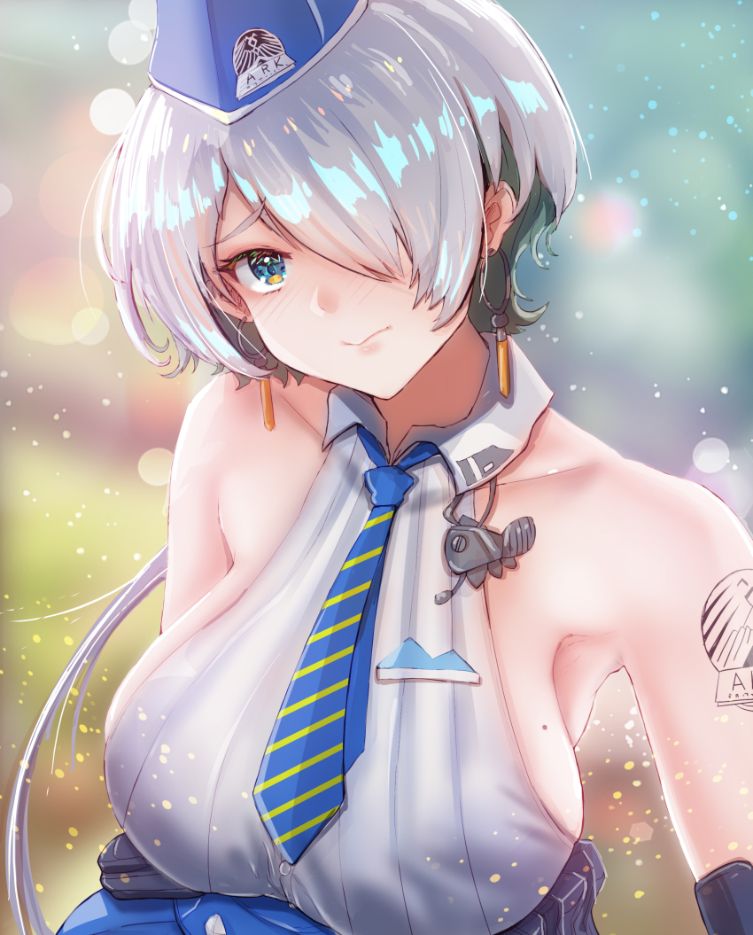 1girl, absurdres, armpits, bare_shoulders, blue_headwear, blue_necktie, blurry, blurry_background