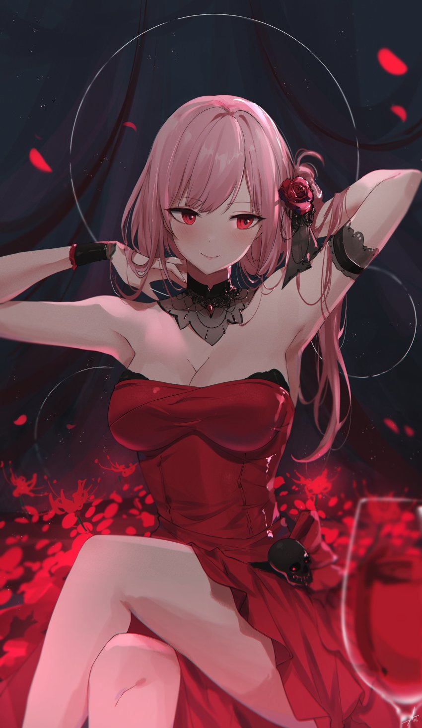 1girl, absurdres, armpits, arms_up, bare_shoulders, blush, breasts, cleavage