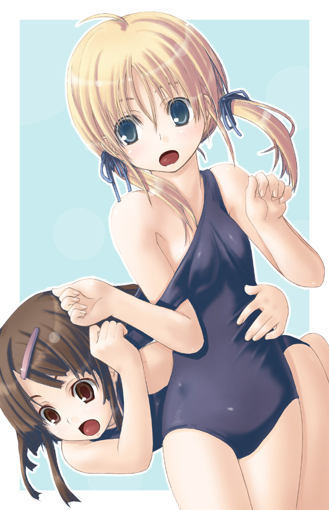 1cm, 2girls, blonde_hair, blue_eyes, brown_eyes, brown_hair, clothes_pull, competition_swimsuit