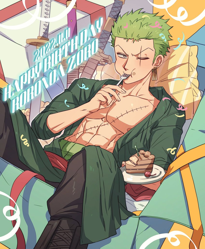 1boy, abs, cake, cake_slice, confetti, dol_ishi, earrings, eating