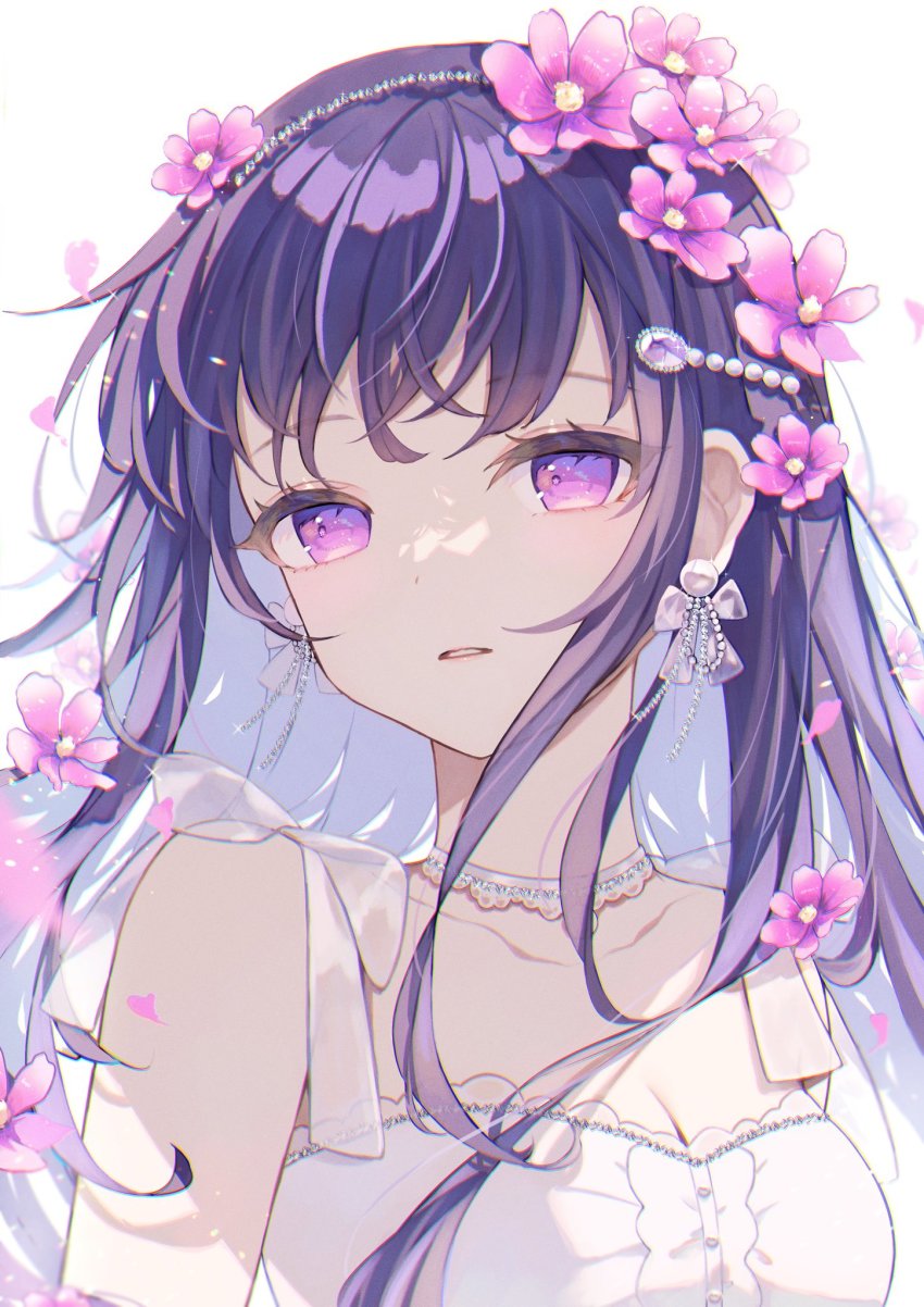 1girl, bare_shoulders, breasts, choker, cleavage, collarbone, dress, flower