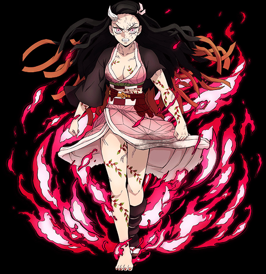 1girl, barefoot, black_hair, breasts, cleavage, demon_girl, female_focus, fire, floating_hair, full_body, haori, horns, japanese_clothes, kamado_nezuko, kimetsu_no_yaiba, kimetsu_no_yaiba_hinokami_keppuutan, kimono, large_breasts, long_hair, looking_at_viewer, multicolored_hair, nail_polish, no_background, obi, official_art, orange_hair, pink_eyes, pink_kimono, pink_nails, print_kimono, sash, sharp_toenails, short_kimono, single_horn, slit_pupils, solo, tabi, toenail_polish, toenails, two-tone_hair, veins, very_long_hair