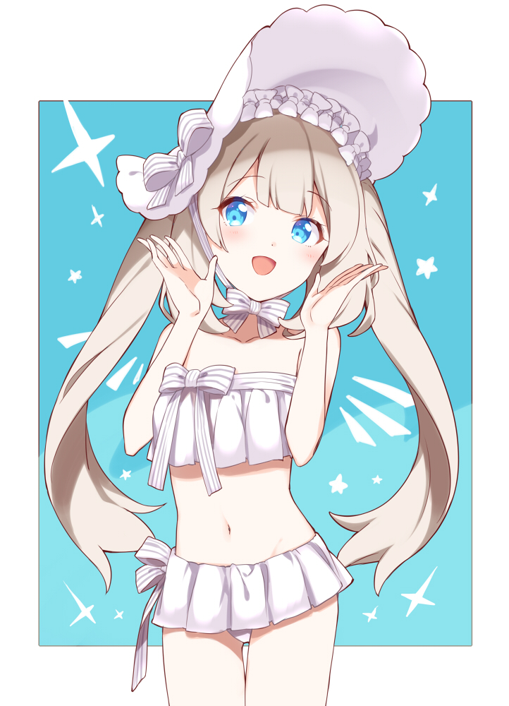 1girl, :d, abigail_williams_(fate), abigail_williams_(swimsuit_foreigner)_(fate), abigail_williams_(swimsuit_foreigner)_(third_ascension)_(fate), blue_eyes, blush, cowboy_shot