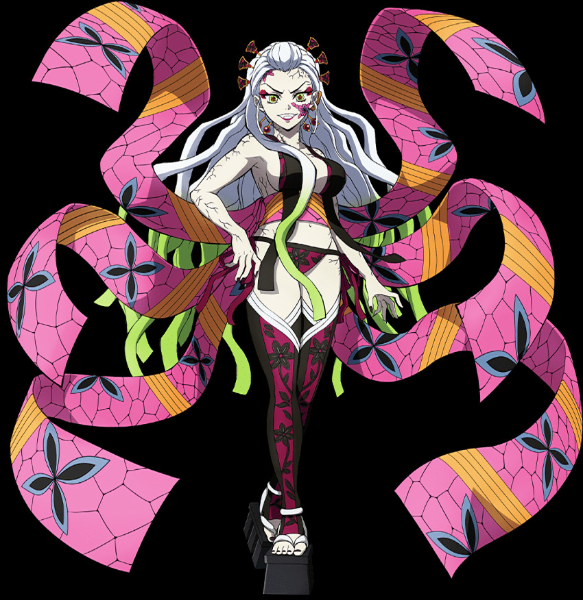 1girl, breasts, cracked_skin, daki_(kimetsu_no_yaiba), demon_girl, fangs, female_focus, full_body, green_eyes, green_hair, hair_ornament, hair_stick, highres, japanese_clothes, kimetsu_no_yaiba, kimetsu_no_yaiba_hinokami_keppuutan, kimono, large_breasts, lipstick, long_hair, looking_at_viewer, makeup, midriff, multicolored_hair, nail_polish, no_background, no_bra, obi, official_art, pale_skin, platform_footwear, platform_sandals, sandals, sash, sideboob, solo, thighhighs, toeless_legwear, toenail_polish, toenails, two-tone_hair, very_long_hair, white_hair