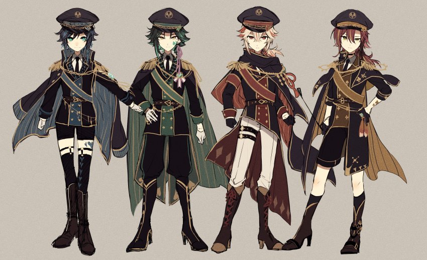 4boys, absurdres, aiguillette, black_cape, black_coat, black_footwear, black_gloves, black_hair, black_headwear, black_necktie, black_pants, black_shorts, black_thighhighs, blonde_hair, blue_hair, boots, brown_footwear, brown_vest, buttons, cape, club_button, club_hair_ornament, coat, coat_on_shoulders, commentary, diamond_button, diamond_hair_ornament, epaulettes, facial_tattoo, full_body, genshin_impact, gloves, grey_background, half_gloves, hand_on_own_hip, hat, heart_button, highres, kaedehara_kazuha, legwear_garter, male_focus, military, military_uniform, multicolored_hair, multiple_boys, necktie, pants, pants_tucked_in, peaked_cap, playing_card_theme, red_hair, ryu_genshin77, sash, shikanoin_heizou, shorts, simple_background, spade_(shape), spade_button, spade_tattoo, streaked_hair, untranslatable_commentary, tattoo, thighhighs, venti_(genshin_impact), vest, vision_(genshin_impact), white_gloves, white_hair, white_pants, xiao_(genshin_impact)