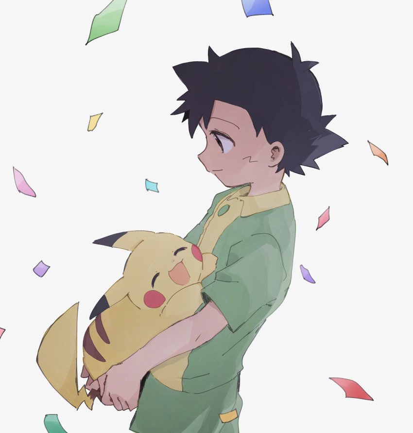 1boy, absurdres, ash_ketchum, black_hair, closed_mouth, commentary_request, confetti, from_side