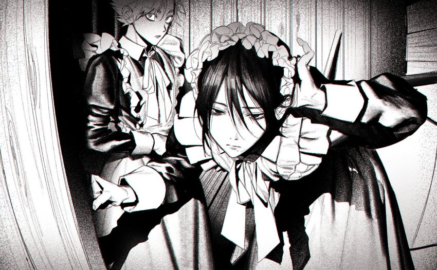 2boys, androgynous, apron, bow, bowtie, closed_mouth, collared_dress, cowboy_shot