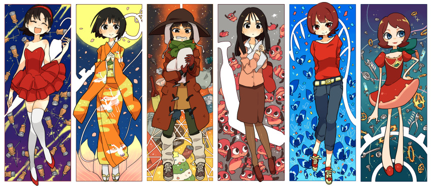 6+girls, alarm_clock, alcohol, animal_print, baby, bare_shoulders, bird_print, black_eyes, black_hair, blue_butterfly, blue_eyes, brown_hair, brown_headwear, bug, butterfly, can, christmas_tree, clock, closed_umbrella, coat, confetti, creator_connection, dress, fish_skeleton, fujiwara_chiyoko, gears, gloves, green_scarf, higashi_(azm), highres, insect, japanese_clothes, kimono, kirigoe_mima, loose_socks, maromi, miyuki_(tokyo_godfathers), mousou_dairinin, multiple_girls, notebook, nut_(hardware), orange_kimono, own_hands_together, paprika, paprika_(character), perfect_blue, red_coat, red_dress, red_gloves, red_shirt, sagi_tsukiko, scarf, sennen_joyuu, shirt, shoes, short_hair, sneakers, socks, standing, stuffed_toy, thighhighs, tokyo_godfathers, trash_bag, umbrella, white_thighhighs, white_umbrella, wrench