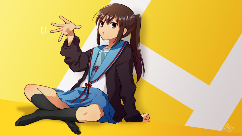 1003_(ralto_0014), 1girl, :o, black_socks, blue_sailor_collar, blue_skirt, brown_cardigan, brown_hair, cardigan, commentary_request, commission, full_body, genderswap, genderswap_(mtf), h_(letter), highres, kita_high_school_uniform, kneehighs, kyonko, long_hair, long_sleeves, looking_at_viewer, open_cardigan, open_clothes, parted_lips, ponytail, sailor_collar, school_uniform, serafuku, shadow, sidelocks, simple_background, sitting, skeb_commission, skirt, socks, solo, suzumiya_haruhi_no_yuuutsu, yellow_background