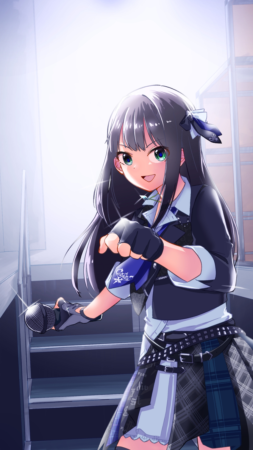 1003_(ralto_0014), 1girl, :d, absurdres, belt, black_belt, black_gloves, black_hair, black_shirt, blue_ribbon, commentary_request, commission, fingerless_gloves, gloves, green_eyes, grey_skirt, hair_ribbon, highres, holding, holding_microphone, idolmaster, idolmaster_cinderella_girls, long_hair, looking_at_viewer, microphone, open_mouth, plaid_clothes, plaid_skirt, ribbon, shibuya_rin, shirt, skeb_commission, skirt, sleeves_rolled_up, smile, solo