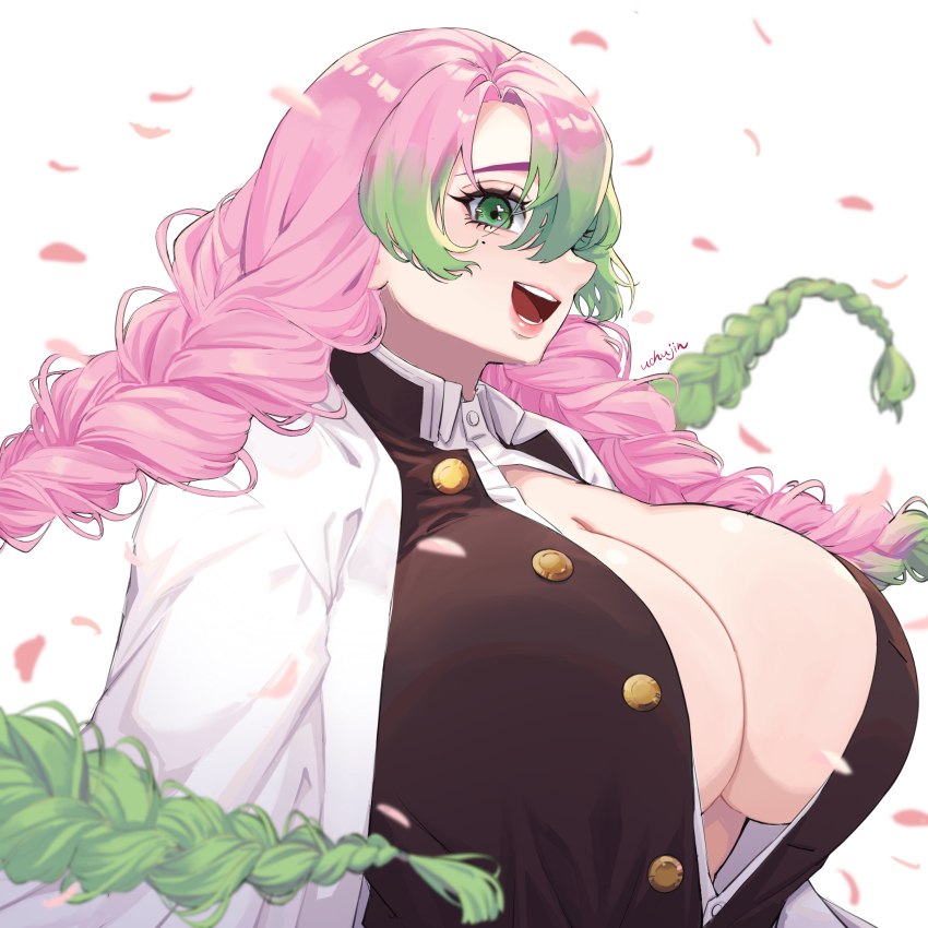 1girl, :d, absurdres, black_jacket, braid, breasts, cherry_blossoms, cleavage