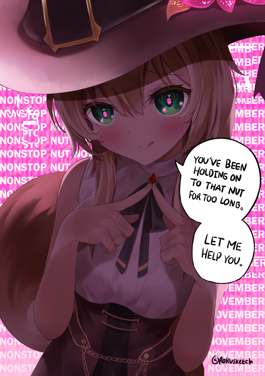 1girl, :q, absurdres, acorn, ayunda_risu, ayunda_risu_(fall_casual), blush, breasts, brown_hair, closed_mouth, english_text, green_eyes, hands_up, hat, highres, hololive, hololive_indonesia, index_fingers_together, large_breasts, long_hair, looking_at_viewer, neck_ribbon, nonstop_nut_november, pink_background, raised_eyebrows, ribbon, rokusketch, shirt, sleeveless, sleeveless_shirt, solo, speech_bubble, squirrel_girl, squirrel_tail, symbol-shaped_pupils, tail, text_background, tongue, tongue_out, virtual_youtuber, witch_hat