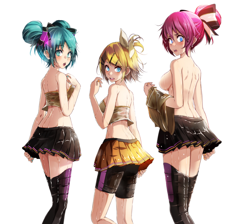 3girls, aqua_eyes, aqua_hair, back, backboob, bare_arms, bare_shoulders, black_shorts, black_skirt, blonde_hair, blue_eyes, breasts, censored_nipples, cheerleader, convenient_censoring, from_behind, hair_ribbon, hatsune_miku, hatsune_miku_(cheerful), highres, kagamine_rin, large_breasts, long_hair, looking_back, medium_breasts, megurine_luka, multiple_girls, open_mouth, pink_hair, project_diva_(series), ribbon, shirt, short_hair, shorts, simple_background, skirt, standing, thighhighs, thighs, topless_female, tsukishiro_saika, unworn_shirt, vocaloid, wet, wet_clothes, white_background, white_ribbon, yellow_skirt