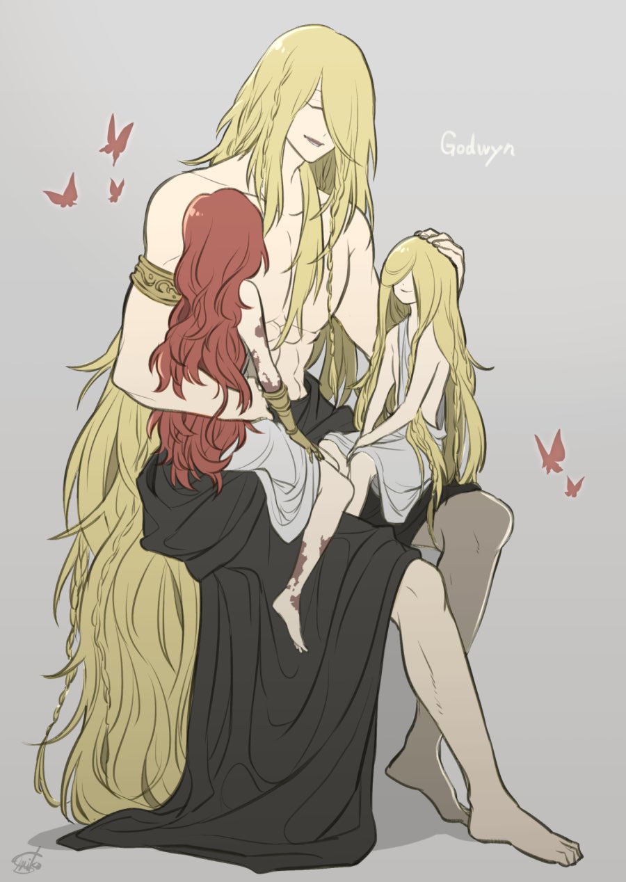 1girl, 2boys, age_difference, brother_and_sister, child, elden_ring, family, godwyn_the_golden, half-siblings, highres, long_hair, malenia_blade_of_miquella, miquella_(elden_ring), multiple_boys, muu1519, red_hair, siblings, simple_background, smile, twins