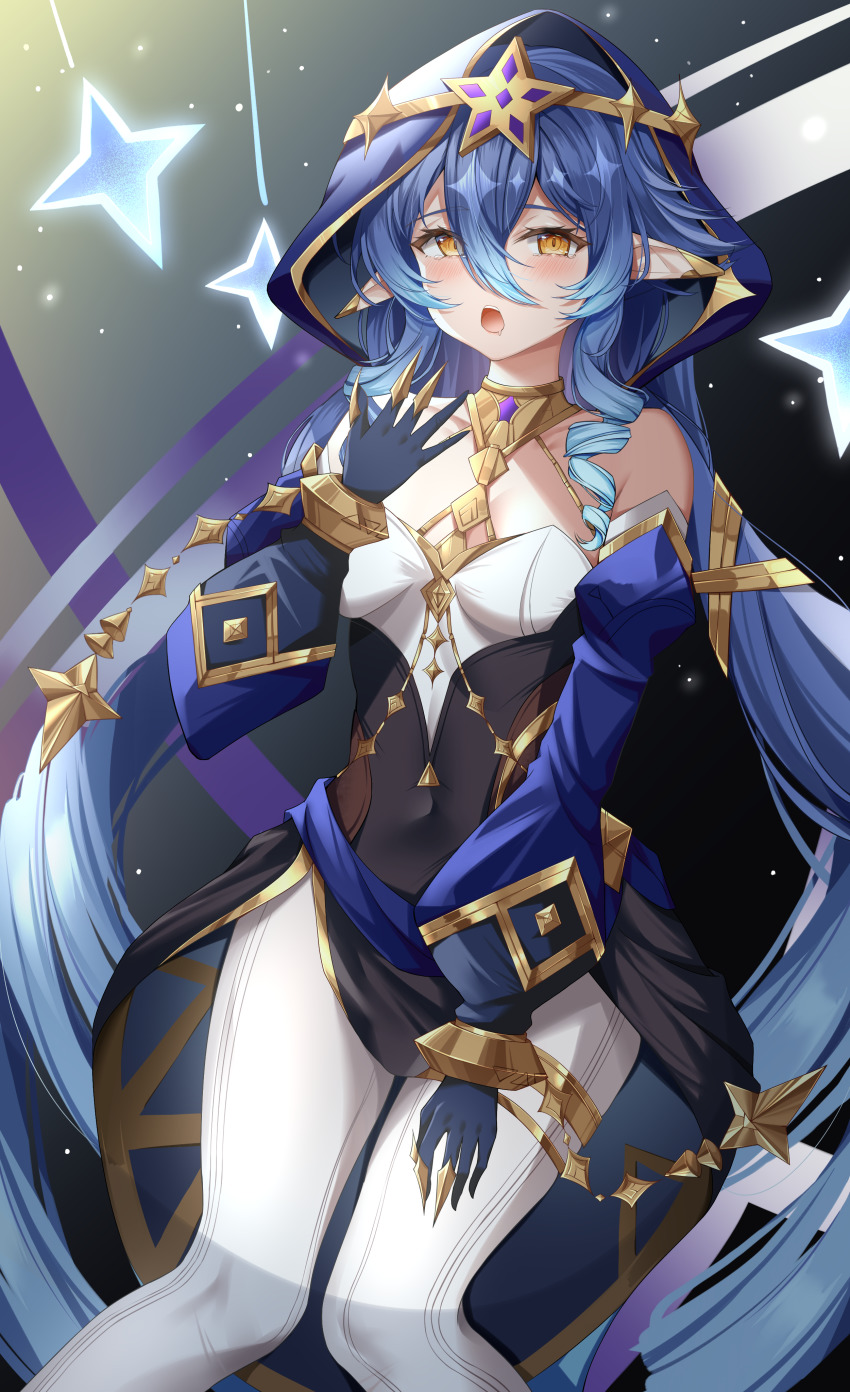 1girl, absurdres, bare_shoulders, blue_gloves, blue_hair, commentary_request, covered_navel, drill_hair