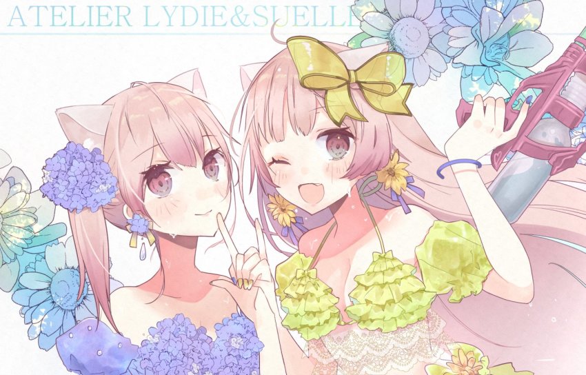 2girls, animal_ears, atelier_(series), atelier_lydie_&amp;_suelle, bikini, blush, bow, bowtie
