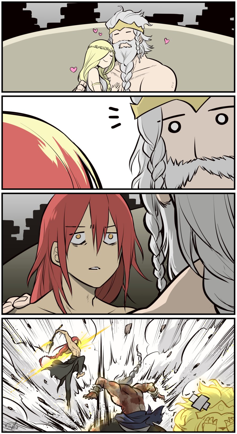 1girl, 2boys, beard, blonde_hair, braid, crown, elden_ring, facial_hair, fromsoftware, godfrey_first_elden_lord, highres, hoarah_loux, lion, long_hair, multiple_boys, muscular, muscular_male, muu1519, queen_marika_the_eternal, radagon_of_the_golden_order, red_hair, serosh_(elden_ring), simple_background, smile, white_hair