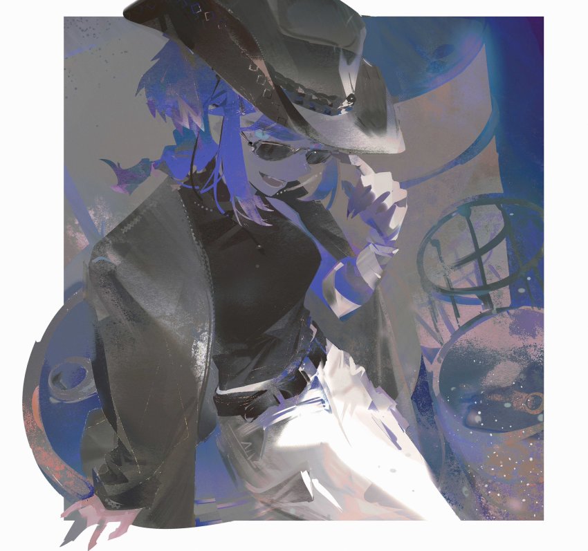 1girl, adjusting_eyewear, ahoge, alternate_costume, aoseagrass, arm_support, asymmetrical_arms, belt