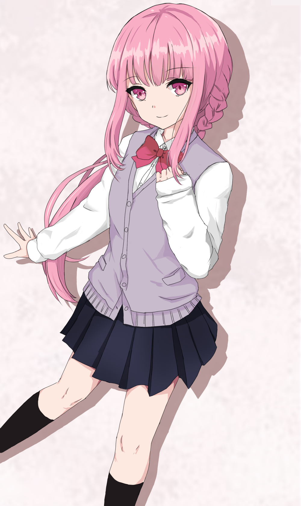 1girl, arm_at_side, black_skirt, black_socks, bow, bowtie, braid, buttons