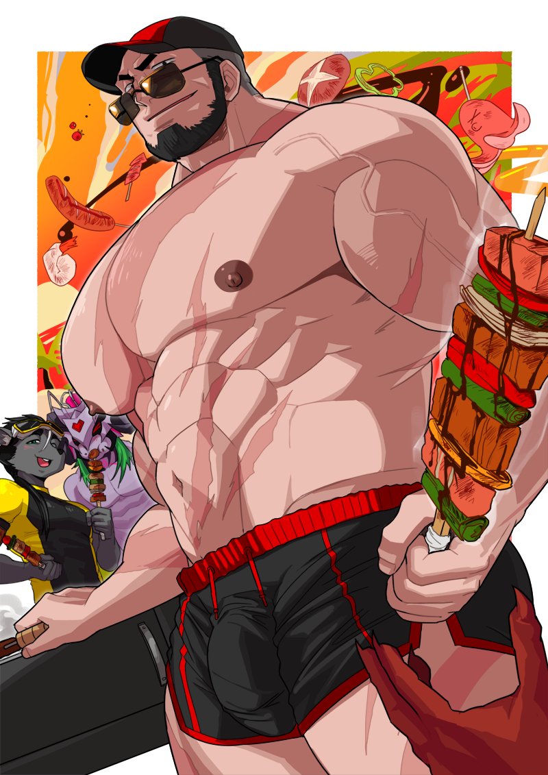 1boy, 1girl, 1other, abs, absol_(dkqthf), another_eidos-r, bara, beard, beelzebub_(another_eidos), black_hair, black_male_swimwear, black_swim_trunks, bodysuit, bread, bulge, cloud, drawstring, eating, facial_hair, feet_out_of_frame, food, furry, furry_male, goggles, goggles_on_head, hat, hellion_(another_eidos), holding, holding_food, hot_dog, kafka_(another_eidos), large_pectorals, looking_at_viewer, male_focus, male_swimwear, manly, mature_male, meat, multiple_boys, muscular, muscular_arms, muscular_male, navel, nipples, one_eye_closed, open_mouth, outdoors, pectorals, sauce, scar, scar_on_chest, scar_on_stomach, shish_kebab, sky, smile, sunset, swim_trunks, swimsuit, teeth, thick_eyebrows, tight_clothes, tongue, topless_male