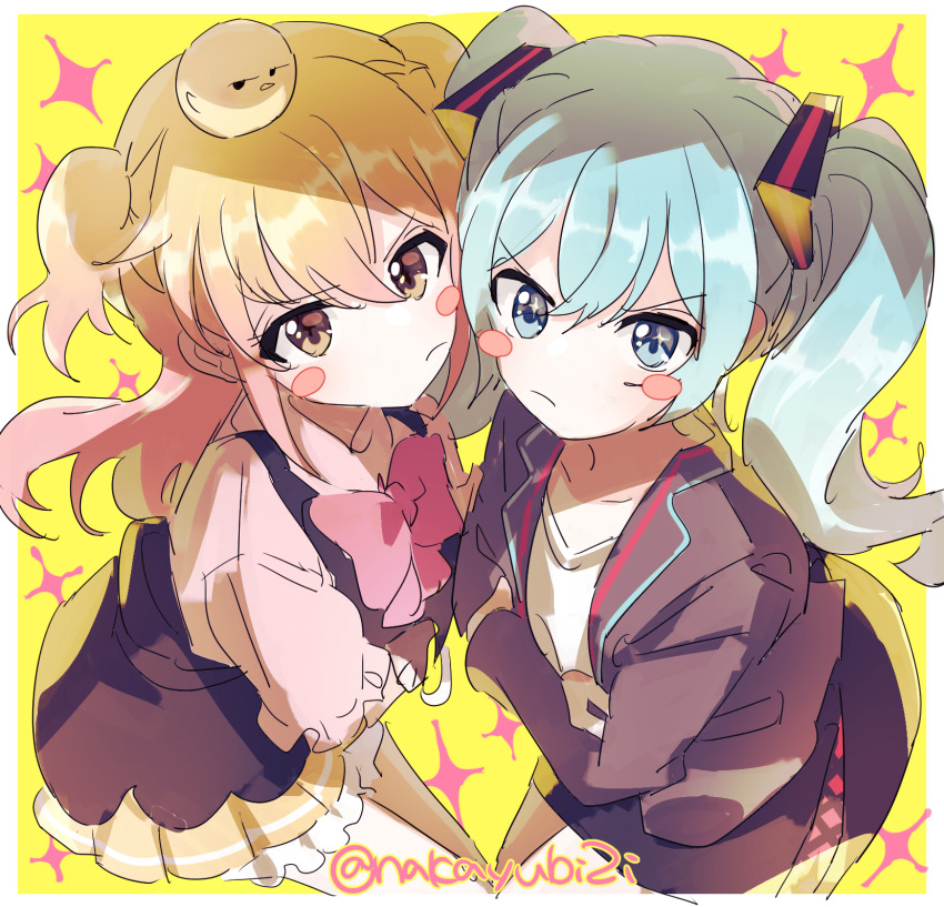 2girls, animal, animal_on_head, aqua_eyes, aqua_hair, black_bow, black_dress, blonde_hair