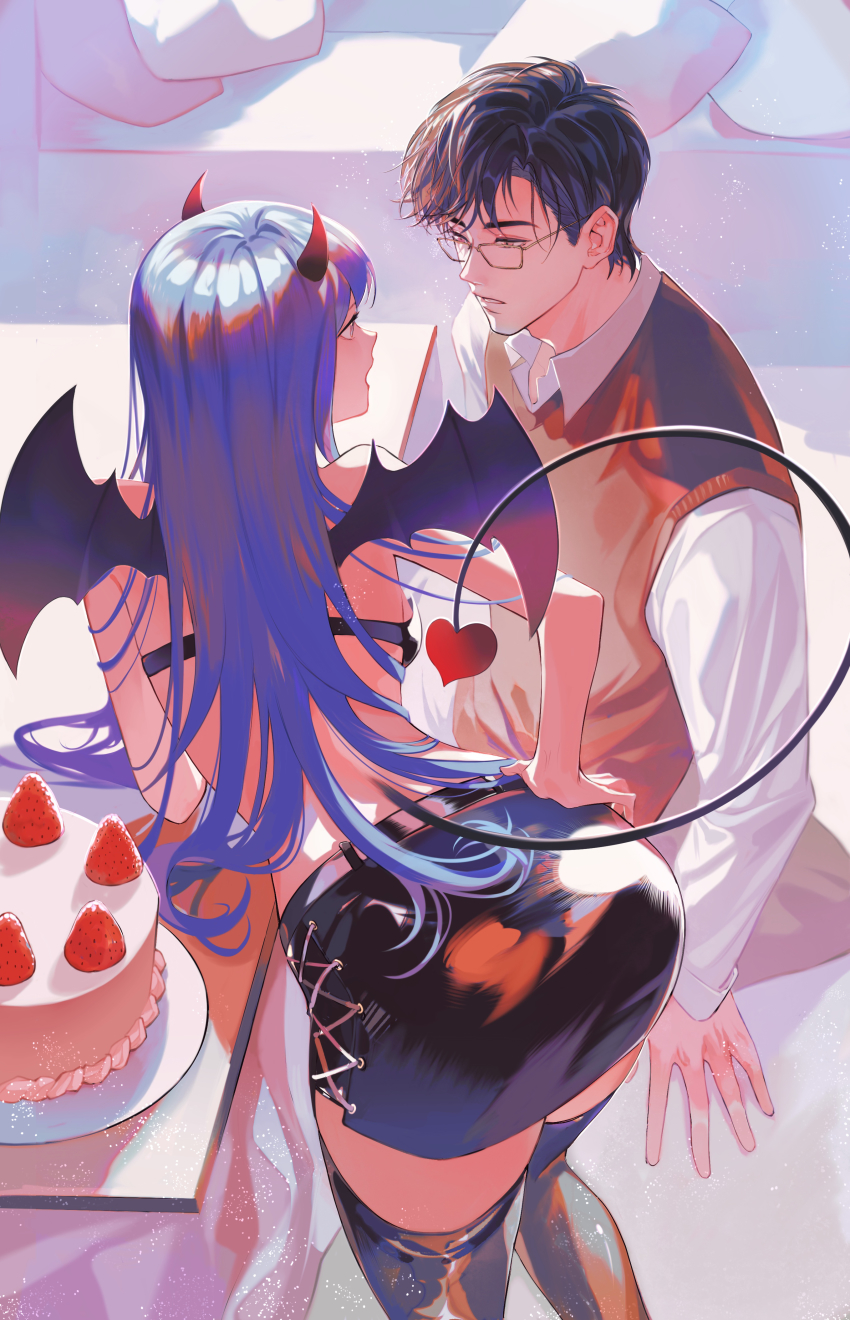 1boy, 1girl, absurdres, ass, black_hair, black_wings, blue_hair, brown_eyes, brown_sweater_vest, cake, demon_girl, duanduan, eye_contact, food, glasses, grey_eyes, hand_on_own_ass, hetero, highres, horns, indoors, long_hair, looking_at_another, original, purple_hair, red_horns, sitting, skirt, sweater_vest, table, wings