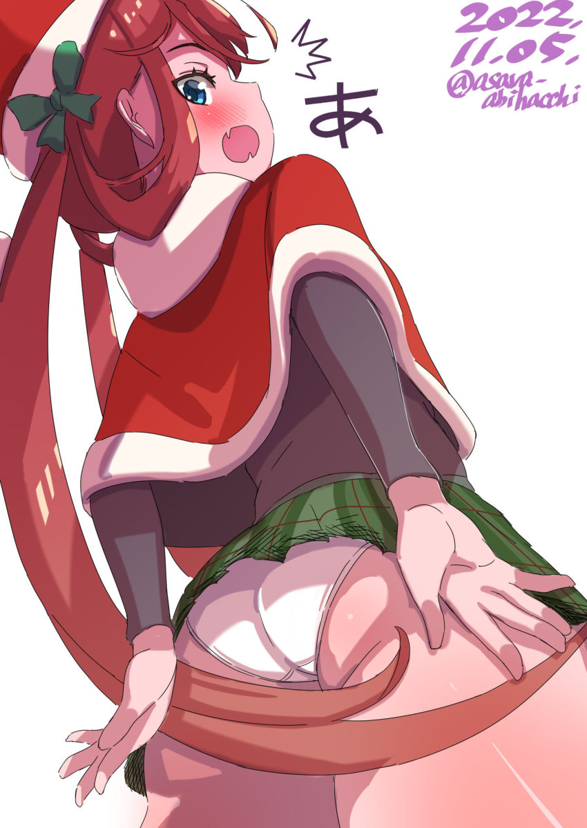 1girl, ^^^, alternate_costume, asagumo_(christmas)_(kancolle), asagumo_(kancolle), asava_(hutaitenn), blue_eyes, brown_hair, capelet, dated, fang, from_behind, from_below, fur-trimmed_capelet, fur-trimmed_headwear, fur_trim, green_skirt, hair_ribbon, hat, highres, kantai_collection, long_hair, looking_at_viewer, one-hour_drawing_challenge, panties, plaid_clothes, plaid_skirt, red_capelet, red_hat, ribbon, santa_hat, simple_background, skin_fang, skirt, solo, twintails, twitter_username, underwear, white_background, white_panties