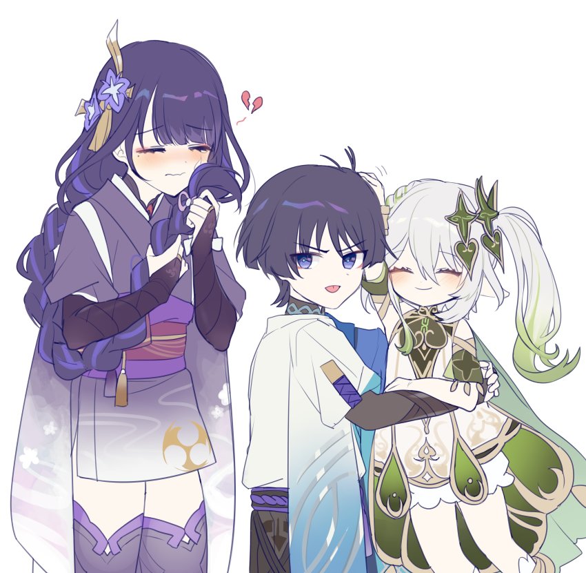 1boy, 2girls, :p, absurdres, braid, braided_ponytail, bridal_gauntlets, broken_heart