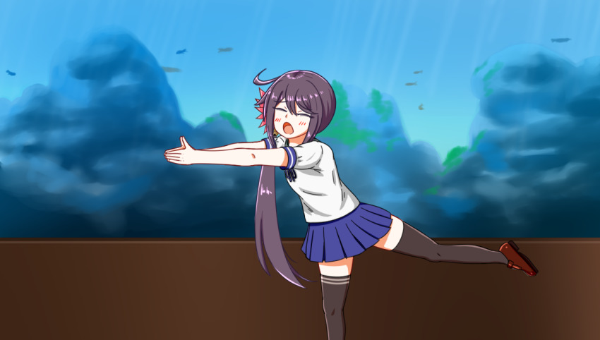 1girl, akebono_(kancolle), akebono_kai_(kancolle), bell, black_thighhighs, blue_skirt, closed_eyes, commentary_request