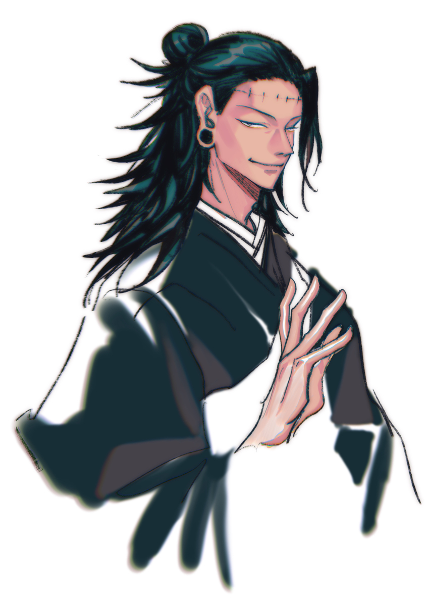 1boy, absurdres, black_eyes, black_hair, duanduan, ear_piercing, geto_suguru, geto_suguru_(kenjaku)