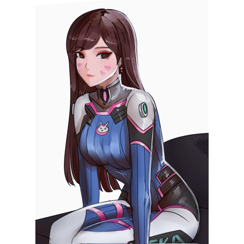 1girl, blue_bodysuit, bodysuit, breasts, brown_eyes, brown_hair, classic_d.va, closed_mouth