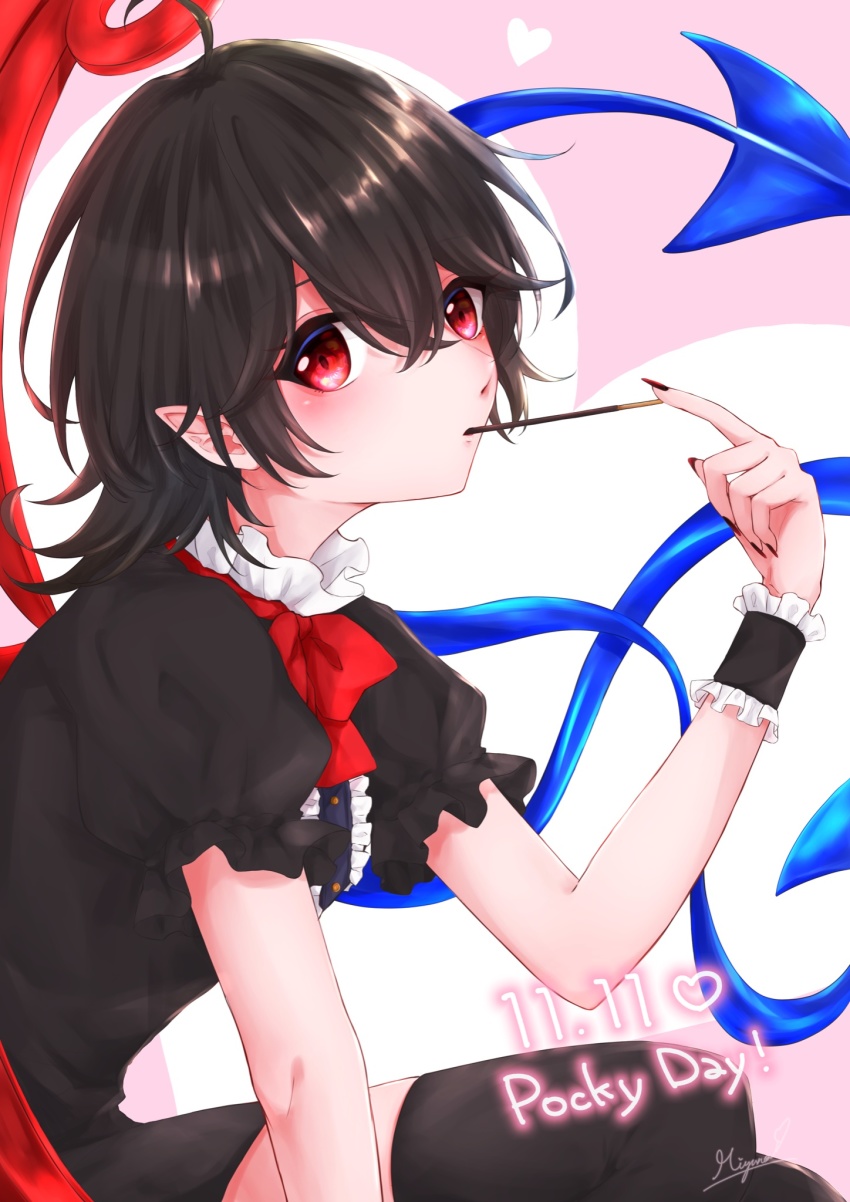 1girl, asymmetrical_wings, black_dress, black_hair, blue_wings, center_frills, dress, frills