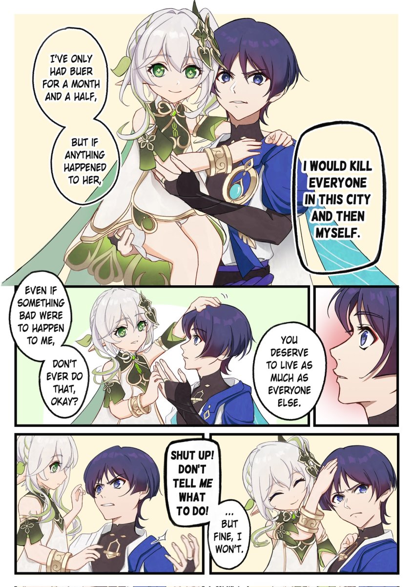 1boy, 1girl, bangle, bracelet, braid, bridal_gauntlets, carrying, child_carry, closed_eyes, closed_mouth, eironeus, english_text, eyeshadow, flower-shaped_pupils, genshin_impact, gradient_hair, green_eyes, green_hair, hair_ornament, headpat, highres, i've_only_had_arlo_for_a_day_and_a_half_(meme), jewelry, leaf_hair_ornament, makeup, meme, multicolored_hair, nahida_(genshin_impact), pointy_ears, purple_eyes, purple_hair, red_eyeshadow, scaramouche_(genshin_impact), side_ponytail, single_braid, smile, speech_bubble, symbol-shaped_pupils, tearing_up, tears, vision_(genshin_impact), wanderer_(genshin_impact)