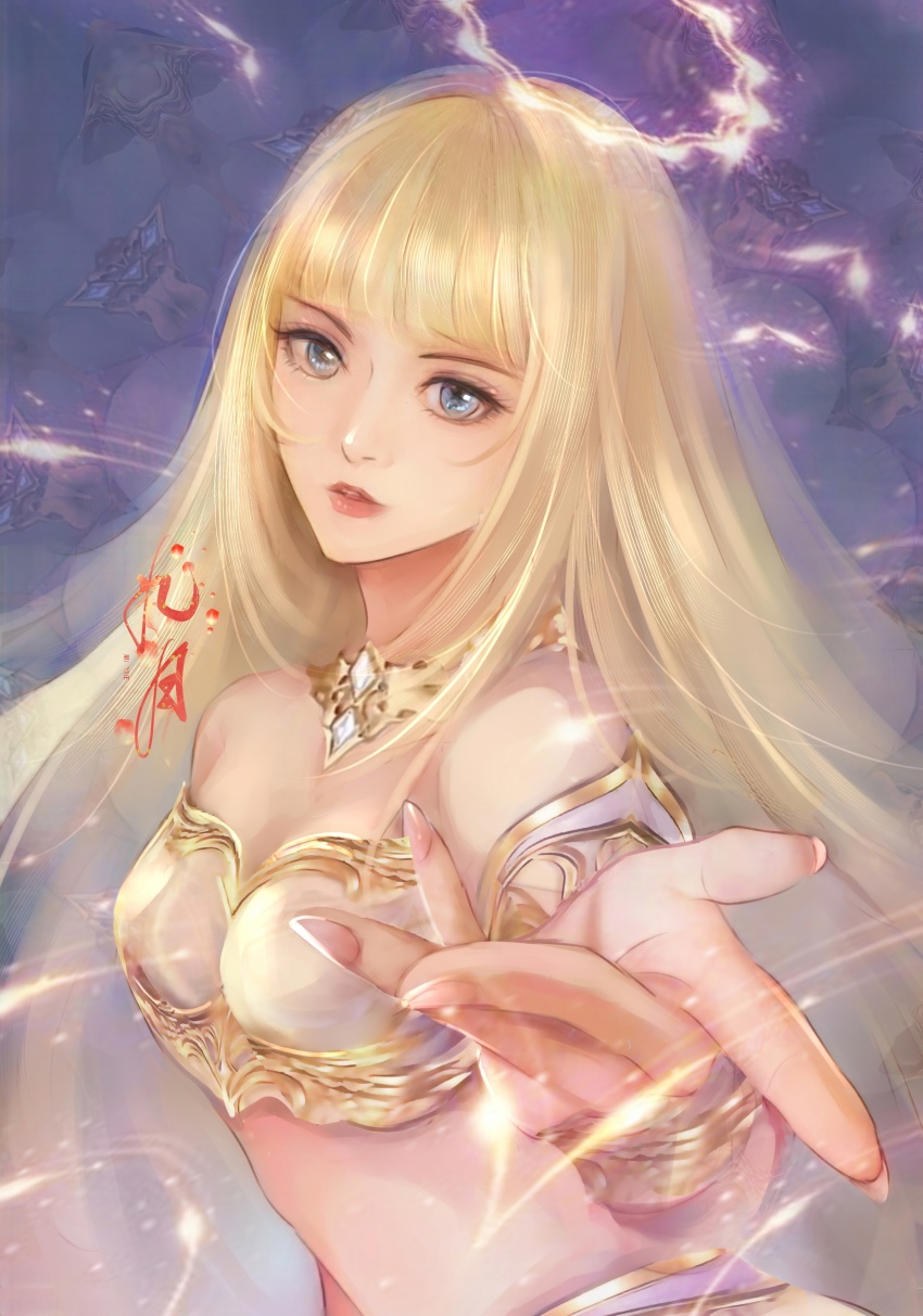 1girl, absurdres, arm_guards, bare_shoulders, blonde_hair, blue_eyes, closed_mouth, highres, index_finger_raised, jewelry, jiu_yue_(tou_xing_jiuyue_tian), light, long_hair, midriff, nail_polish, necklace, outstretched_hand, pink_nails, pointing, purple_background, solo, tou_xing_jiuyue_tian, upper_body, veil