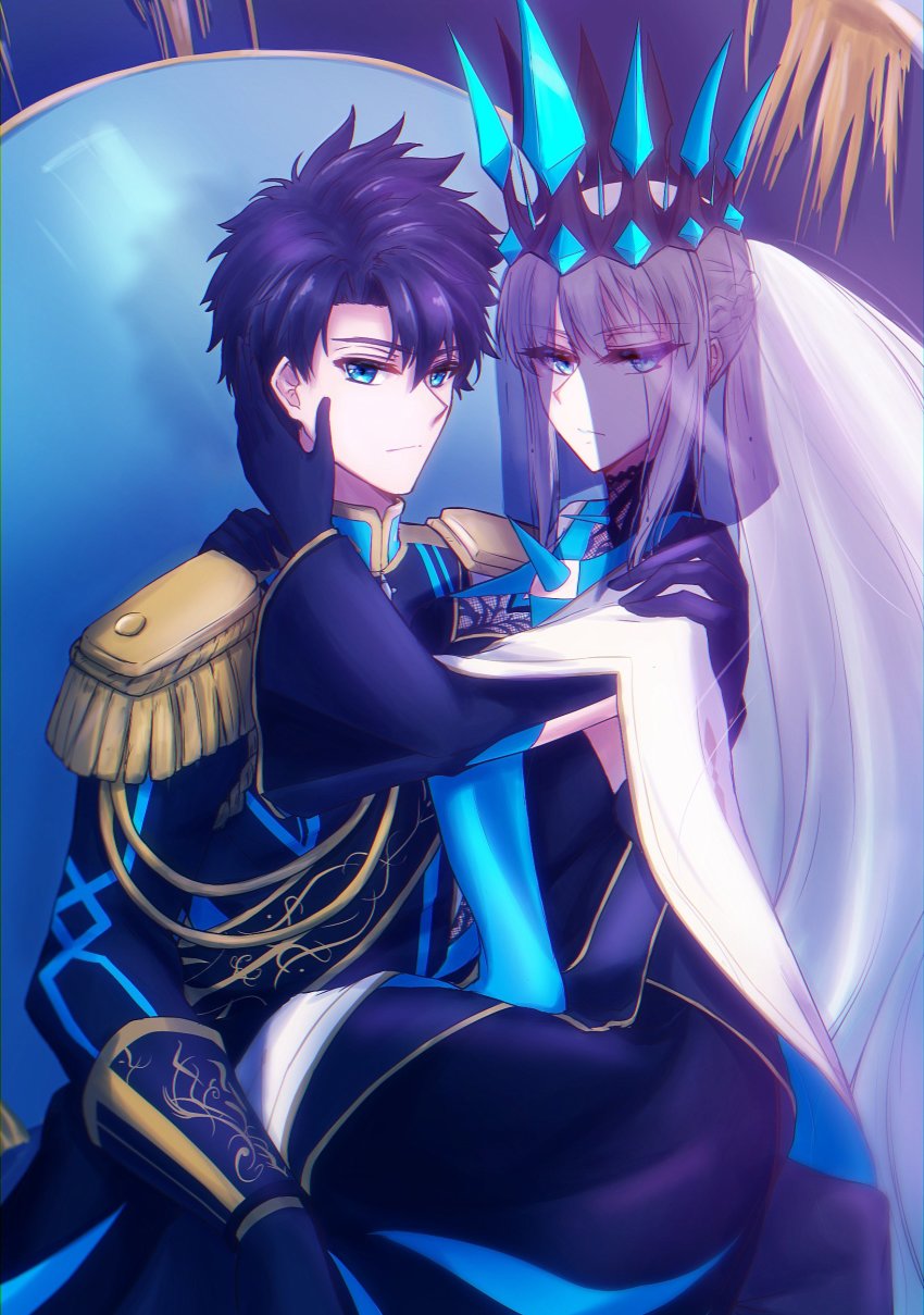 1boy, 1girl, absurdres, aiguillette, black_bow, black_hair, blue_eyes, bow, braid, chair, crown, dress, epaulettes, fate/grand_order, fate_(series), fujimaru_ritsuka_(male), half_up_braid, hand_on_another's_cheek, hand_on_another's_face, highres, long_hair, looking_at_another, looking_at_viewer, morgan_le_fay_(fate), on_throne, ponytail, ringozuki, serious, short_hair, sitting, sitting_on_lap, sitting_on_person, throne, two-tone_dress, veil, white_hair