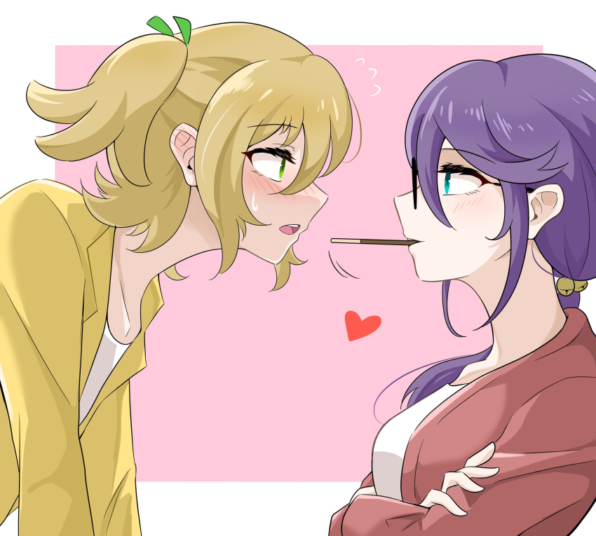 2girls, aqua_eyes, arms_under_breasts, bell, blonde_hair, blush, border, breasts