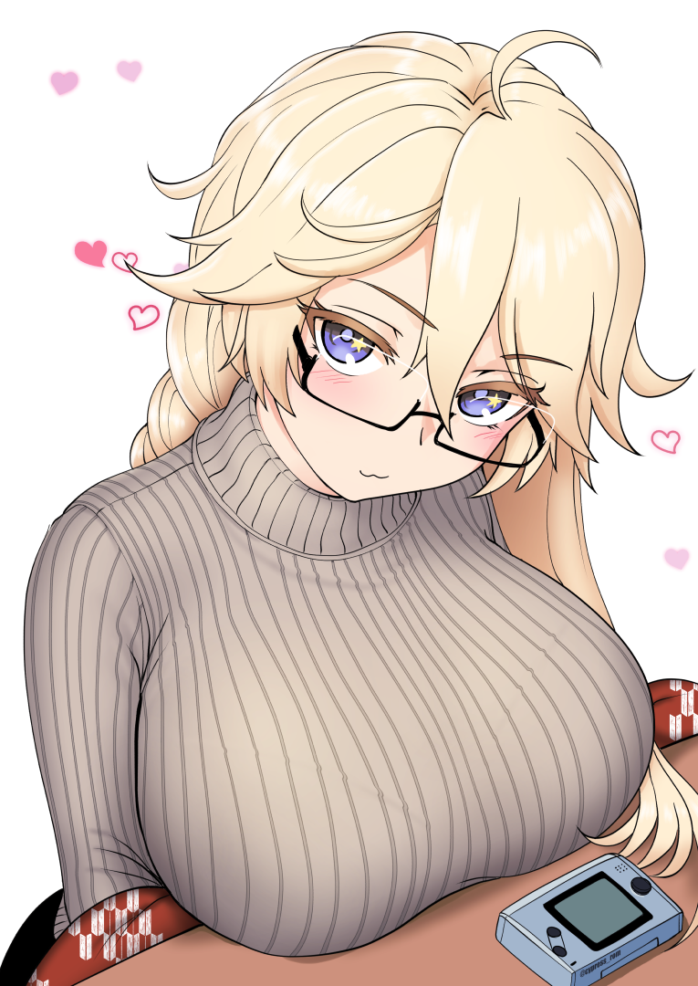 1girl, ahoge, alternate_costume, bespectacled, black-framed_eyewear, blonde_hair, blue_eyes, blush