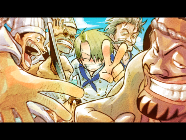 5boys, aged_down, baratie, beard, carne_(one_piece), character_request, chef, chef_hat, child, cleaver, cloud, cook, day, east_blue, facial_hair, foreshortening, grin, hachimaki, happy, hat, headband, knife, letterboxed, male_focus, multiple_boys, mustache, nakajima_hiroshi, nejiri_hachimaki, one_piece, outstretched_arm, pattie, patty_(one_piece), reaching, red-leg_zeff, sanji_(one_piece), sky, smile, sunglasses, v