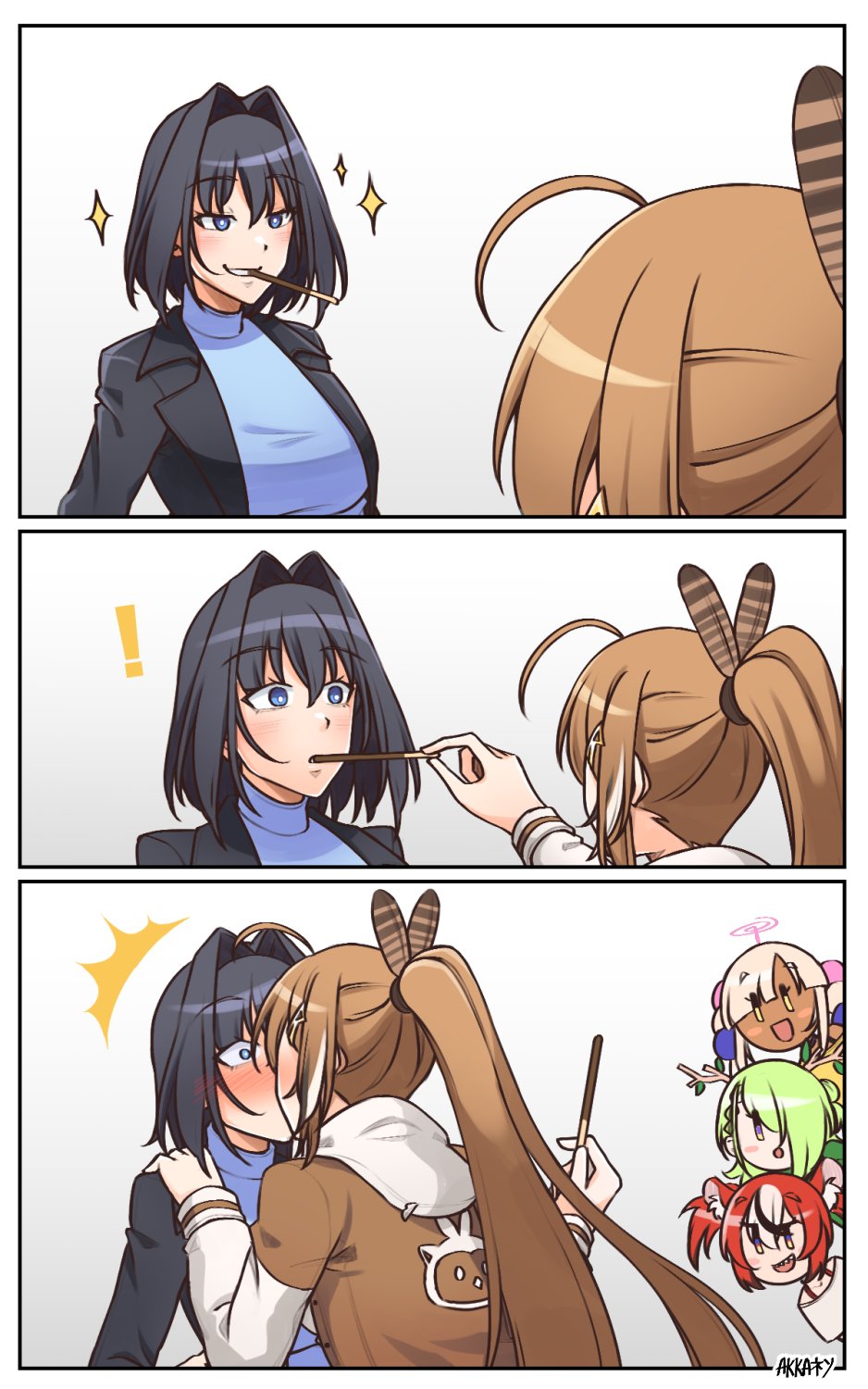 akkanen, animal_ears, antlers, black_hair, blue_eyes, blue_hair, braid, braided_bangs, branch, brown_hair, ceres_fauna, comic, feather_hair_ornament, feathers, food, green_hair, hair_intakes, hair_ornament, hakos_baelz, highres, holocouncil, hololive, hololive_english, horns, kiss, long_hair, mouse_ears, mouse_girl, multicolored_hair, multiple_girls, nanashi_mumei, ouro_kronii, pocky, pocky_kiss, ponytail, red_hair, shared_food, short_hair, streaked_hair, tsukumo_sana, turtleneck, twintails, very_long_hair, virtual_youtuber, white_hair, yuri