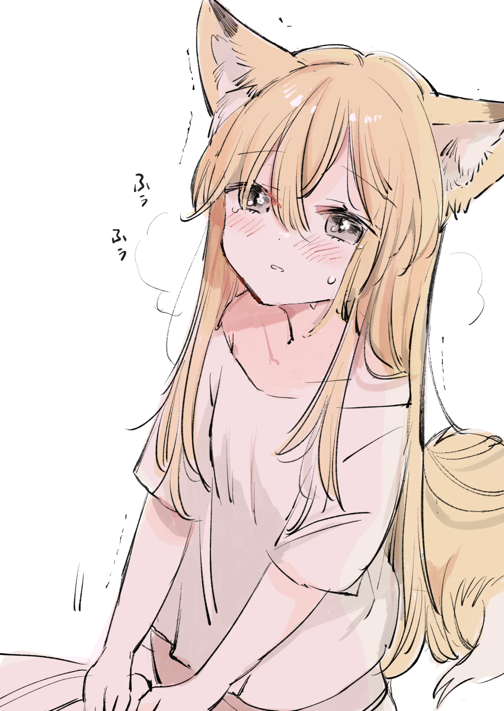 1girl, animal_ear_fluff, animal_ears, blonde_hair, commentary, fox_ears, fox_girl, fox_tail, highres, in_heat, long_hair, mito_(go!go!king!), original, shirt, short_sleeves, sketch, sweat, tail, tears, trembling, white_shirt