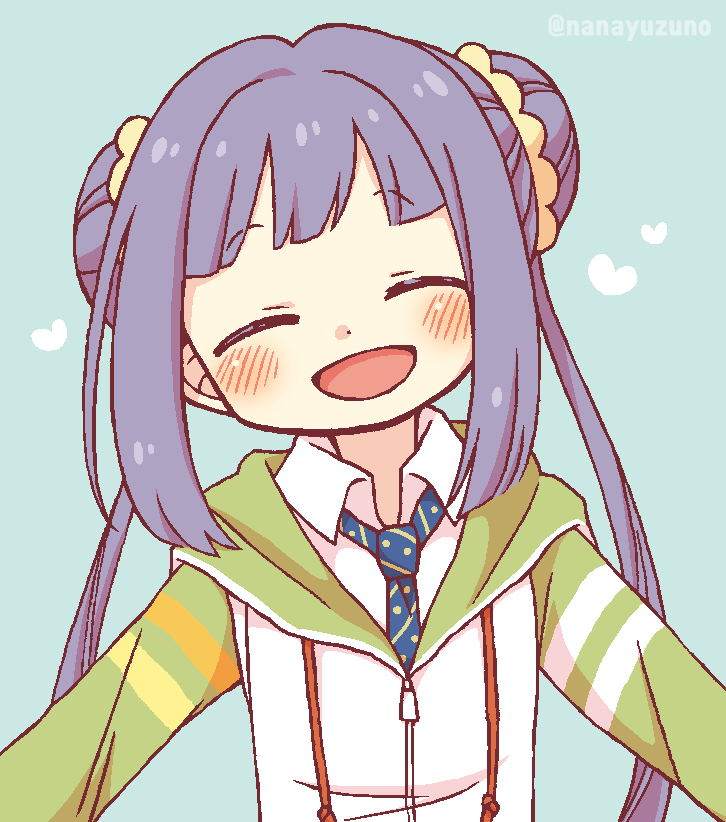 1girl, :d, aonami_school_uniform, blue_background, blue_necktie, blunt_bangs, blush, closed_eyes