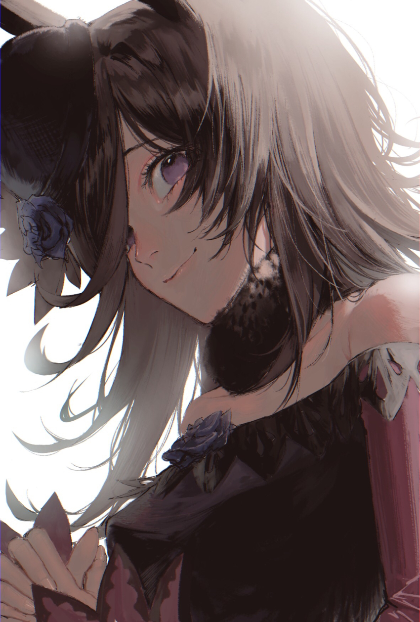 1girl, akuta_vi, bare_shoulders, black_hair, closed_mouth, hair_over_one_eye, hat, highres