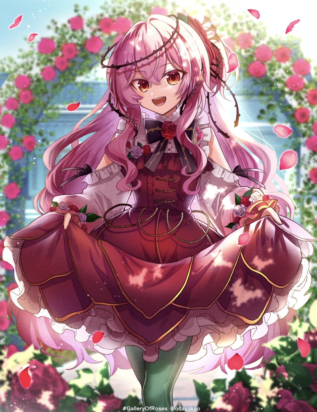 1girl, :d, arch, black_bow, black_bowtie, blurry, blurry_background, bow, bowtie, center_frills, clothing_cutout, day, dress, falling_petals, feet_out_of_frame, floral_arch, flower, flower_trim, frills, green_pantyhose, hair_between_eyes, hair_flower, hair_ornament, highres, holding_own_dress, lolita_fashion, long_hair, long_sleeves, looking_at_viewer, nijisanji, nijisanji_en, odayakao, open_mouth, orange_eyes, pantyhose, petals, pinafore_dress, pink_hair, puffy_long_sleeves, puffy_sleeves, red_dress, red_flower, red_rose, rose, rose_bush, rosemi_lovelock, rosemi_lovelock_(1st_costume), shirt, short_side_ponytail, shoulder_cutout, side_ponytail, sleeveless, sleeveless_dress, smile, solo, standing, sweet_lolita, thorns, virtual_youtuber, white_flower, white_rose, white_shirt