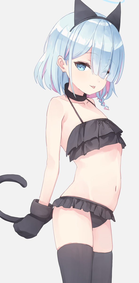 1girl, :p, animal_ears, arona_(blue_archive), bikini, black_bikini, black_choker, black_gloves