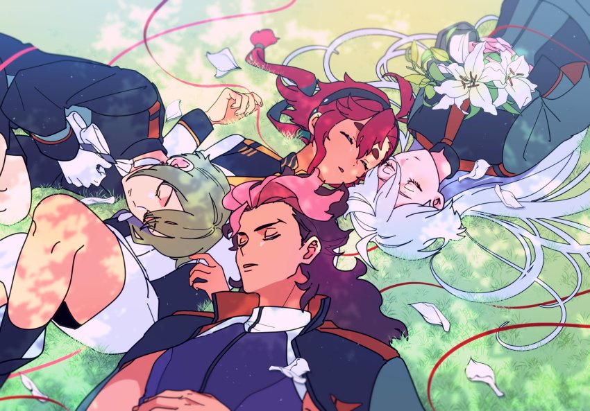 2boys, 2girls, asticassia_school_uniform, black_hairband, brown_hair, closed_eyes, elan_ceres, flower, green_hair, grey_hair, guel_jeturk, gundam, gundam_suisei_no_majo, hair_behind_ear, hairband, head_on_another's_stomach, highres, holding, holding_flower, jacket, long_hair, low_ponytail, miorine_rembran, mitsumi_(t0ee0yb), multicolored_hair, multiple_boys, multiple_girls, open_mouth, pink_hair, ponytail, purple_shirt, red_hair, school_uniform, shirt, short_eyebrows, short_hair, shorts, sleeping, suletta_mercury, thick_eyebrows, two-tone_hair, very_long_hair, white_flower, white_jacket, white_shorts