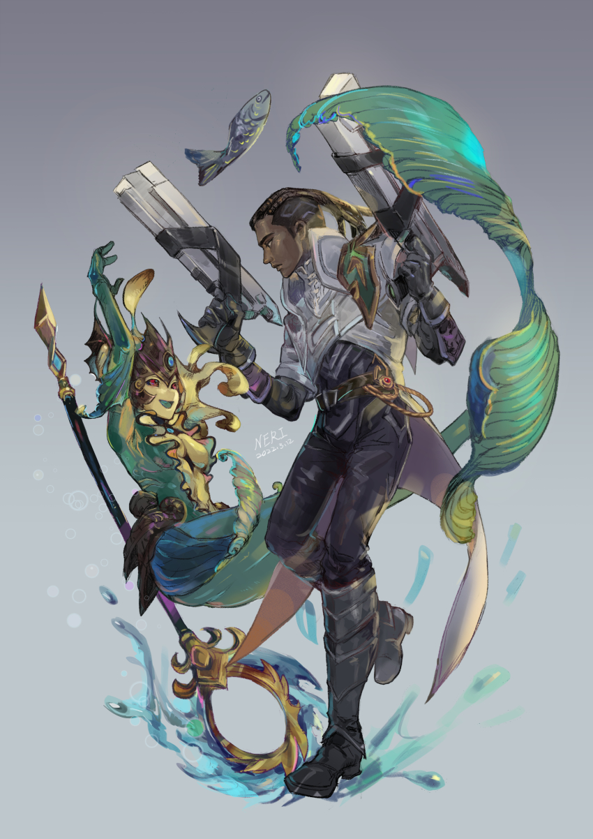 1boy, 1girl, :d, absurdres, animal, arm_up, belt, black_footwear