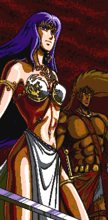 1980s_(style), 1boy, 1girl, aliasing, armor, bikini_armor, bracelet, circlet, earrings, jewelry, long_hair, midriff, mugen_senshi_valis, muscular, necklace, no_panties, oldschool, pelvic_curtain, purple_hair, retro_artstyle, sword, telenet_japan, valia, valis, warrior, weapon