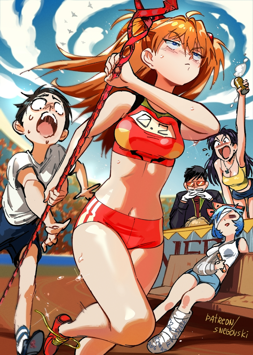 2boys, 4girls, absurdres, ahoge, akagi_ritsuko, arena, arm_sling, ayanami_rei