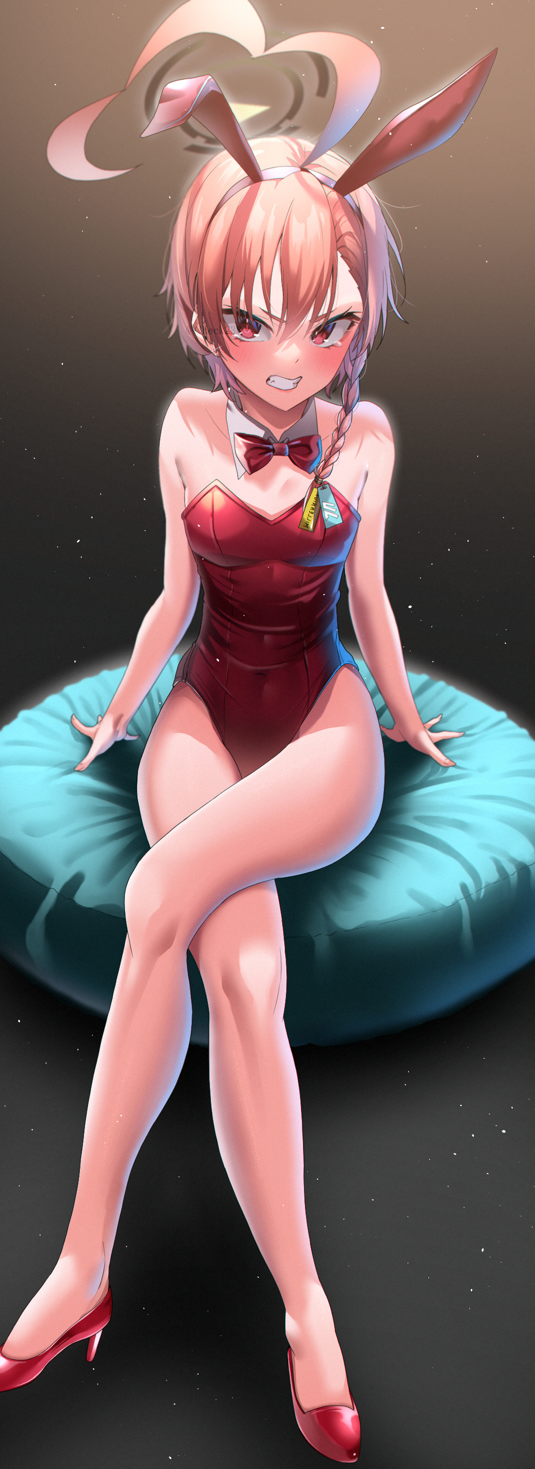 1girl, absurdres, ahoge, animal_ears, asymmetrical_bangs, bare_legs, bare_shoulders, bean_bag_chair